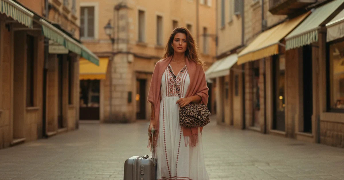 bagage cabine — jeune femme aux cheveux longs en chemise oxford bleue à un comptoir d'embarquement d'aéroport présentant une valise cabine rigide grise compacte et un sac à main matelassé léopard