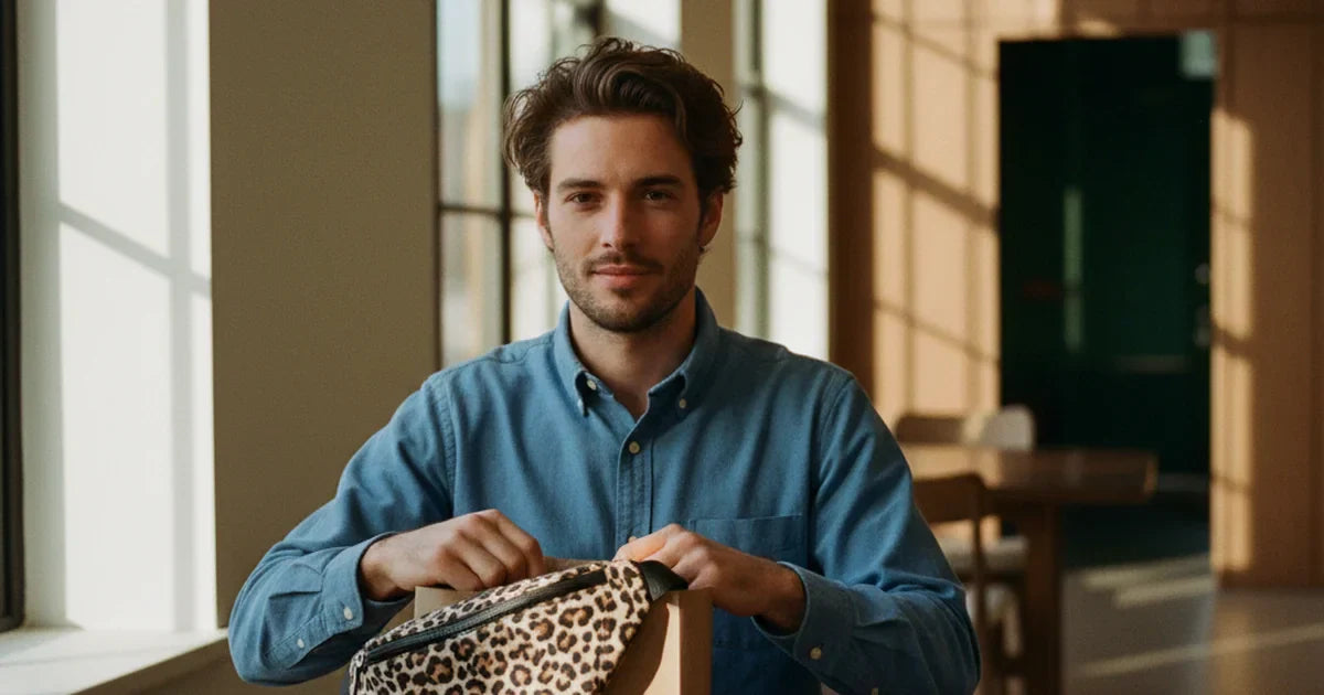 cadeau homme original — jeune homme en chemise oxford bleue déballant un sac banane matelassé léopard sur une table en bois sombre avec une mug de café et un livre relié