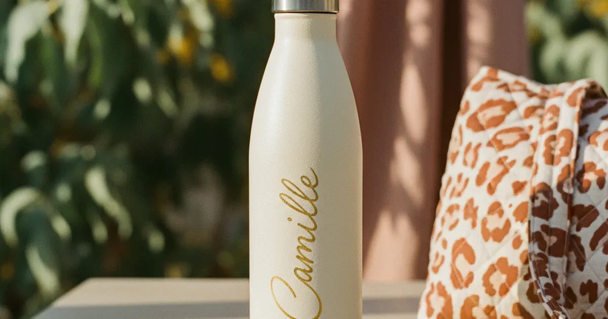 gourde personnalisée — gros plan sur une gourde inox crème avec prénom gravé au laser en script doré, posée sur un bureau en bois clair à côté d'un cabas matelassé léopard, lumière naturelle douce