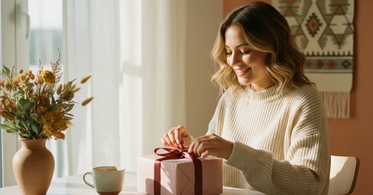 idée cadeau femme — jeune femme en pull crème ouvrant un paquet cadeau emballé dans un papier rose pâle avec un nœud bordeaux, sur une table en marbre clair avec un café et un bouquet de fleurs séchées