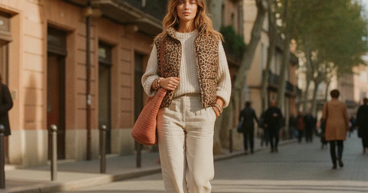 femme en doudoune sans manche matelassée à motif léopard portée sur un pull crème, en extérieur par une journée de mi-saison lumineuse