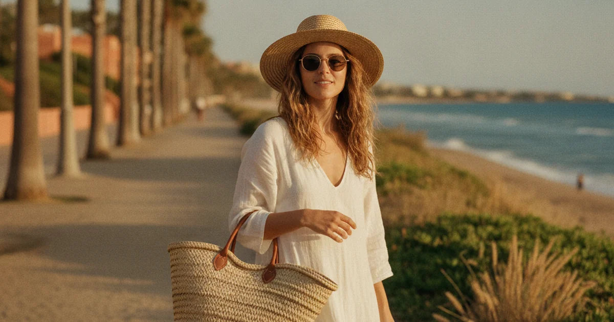hero — jeune femme souriante portant un grand cabas en paille naturelle tressée au bras, robe blanche vaporeuse, sur une promenade en bord de mer ensoleillée, chapeau de paille et lunettes de soleil