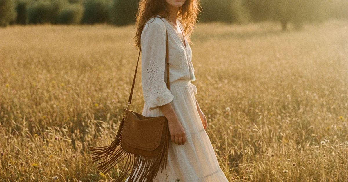 hero — jeune femme au style bohème portant un sac à main en daim camel à longues franges en bandoulière, robe fluide écrue, cheveux au vent dans un champ doré au soleil couchant, ambiance festival