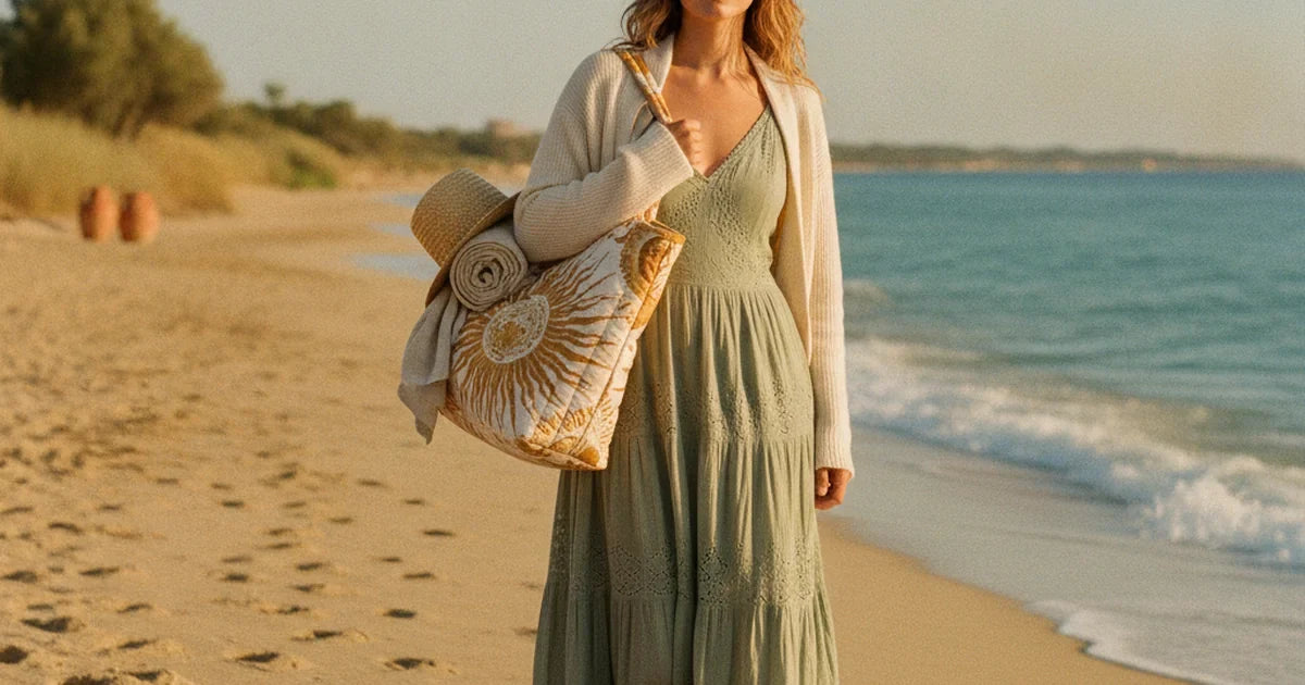 hero — jeune femme portant un cabas de plage en toile matelassée à imprimé solaire à l'épaule sur une plage de sable doré, serviette et chapeau qui dépassent, mer turquoise en fond, lumière éclatante d'été