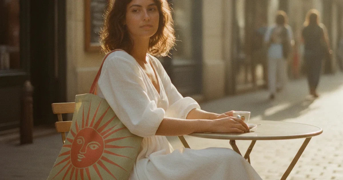 hero — jeune femme rayonnante portant un sac cabas à imprimé solaire orange et vert au bras, robe blanche légère, sur une terrasse méditerranéenne ensoleillée, ambiance vacances et lumière éclatante