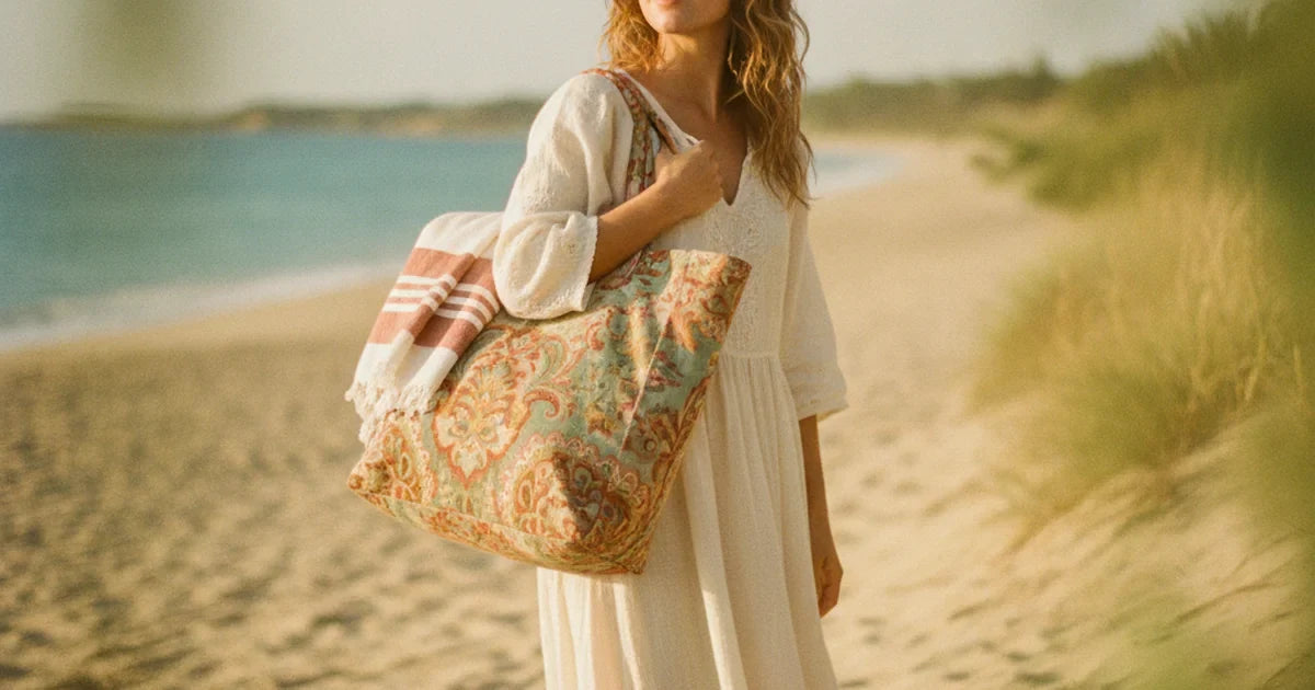 hero — jeune femme portant un grand cabas de plage à imprimé unique et coloré à l'épaule sur une plage de sable doré, serviette rayée qui dépasse, mer turquoise en fond, lumière éclatante d'été et allure joyeuse