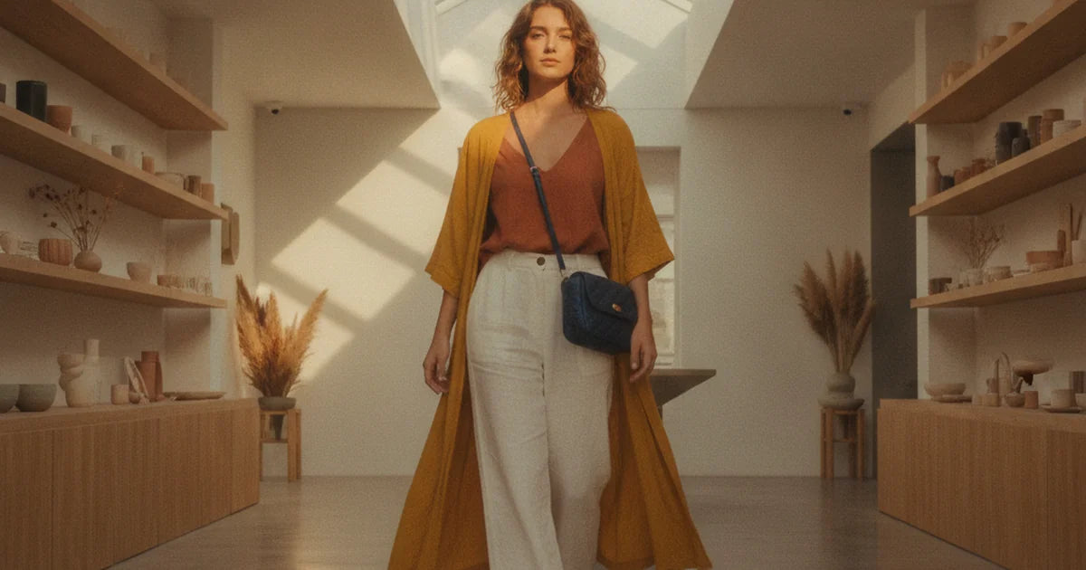 hero — jeune femme portant un petit sac de voyage souple matelassé bleu marine à l'épaule dans un hall de gare lumineux, tenue voyage décontractée, allure légère de départ pour un week-end au soleil