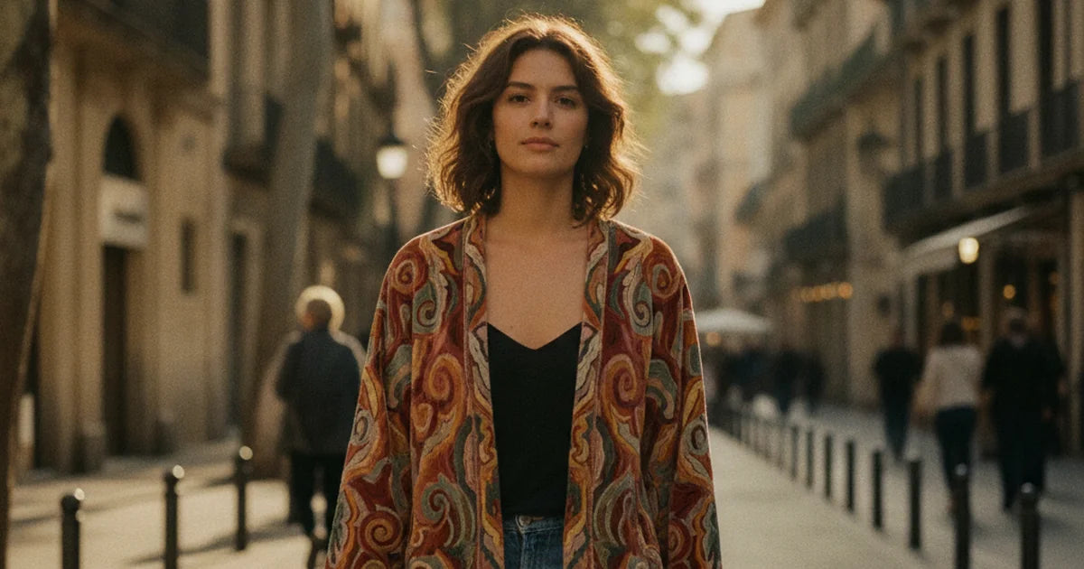 hero — femme au style bohème chic portant une veste en velours brodé de motifs colorés ouverte sur un top uni noir et un jean, dans une rue ensoleillée en fin de journée, allure raffinée et lumière dorée