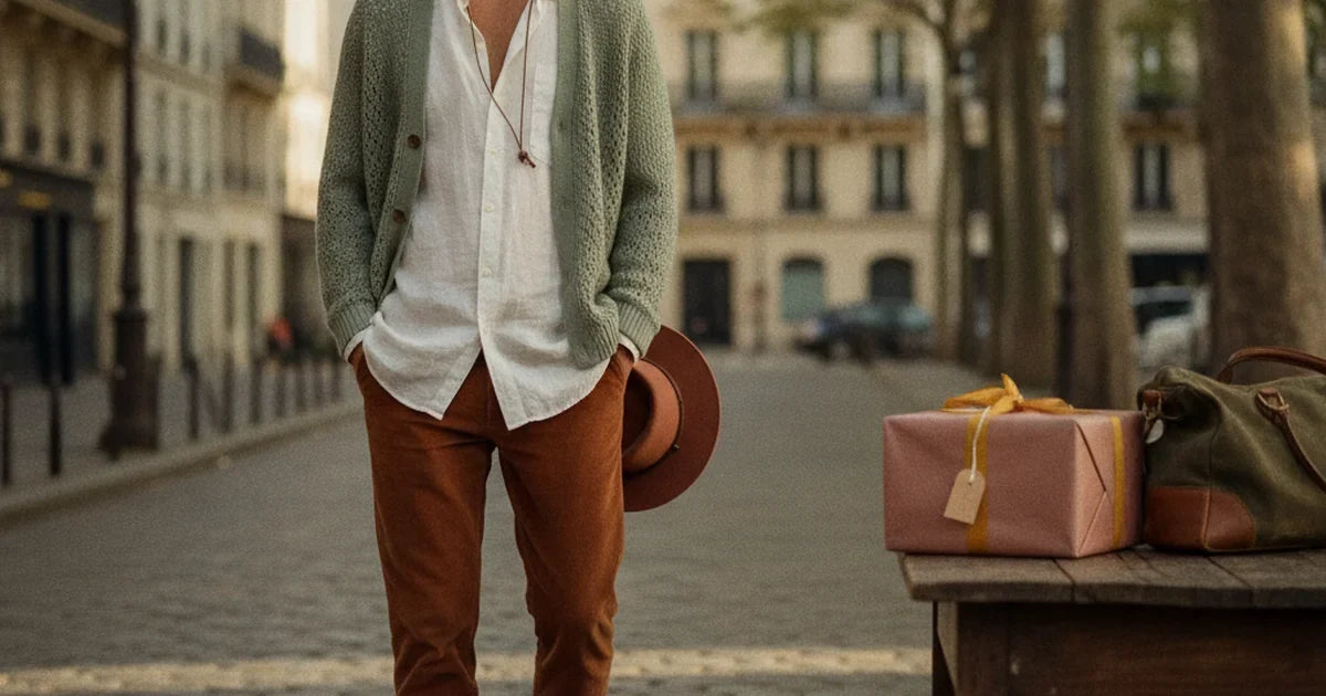 cadeau d'anniversaire pour homme emballé dans un papier sobre avec un ruban, posé sur une table en bois foncé à côté d'un sac de voyage, ambiance masculine et chaleureuse