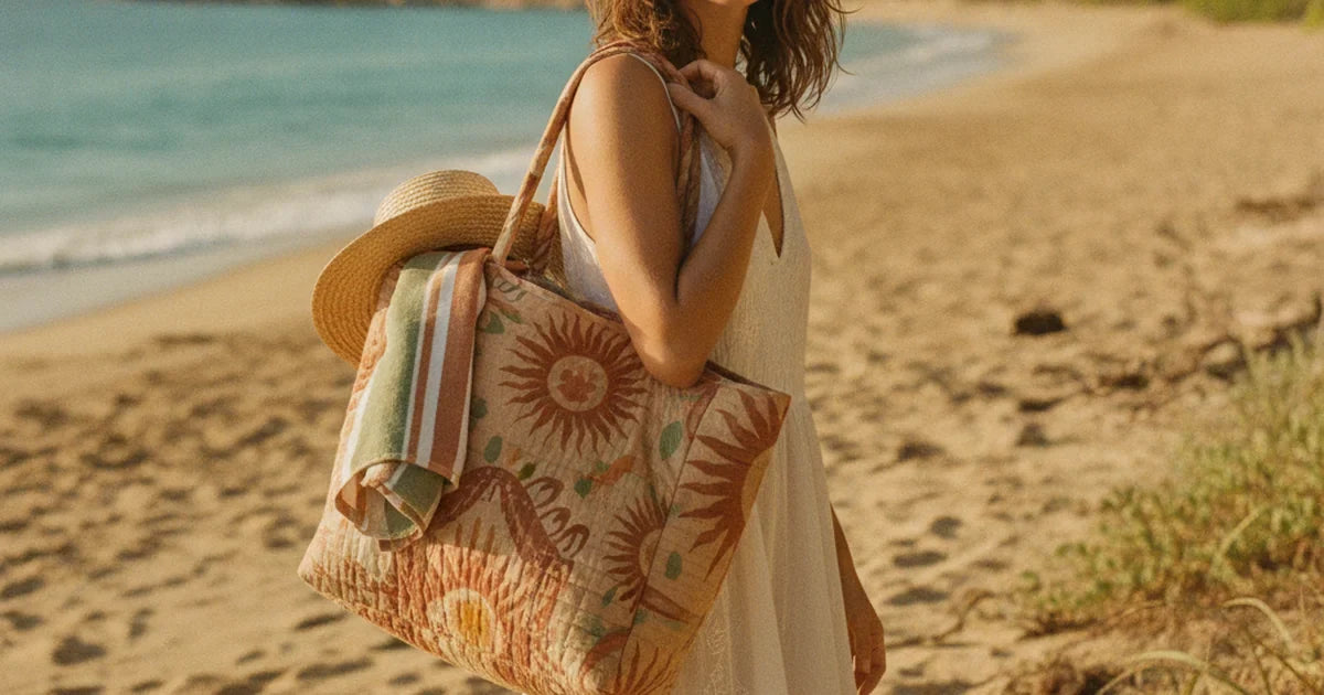 hero — femme souriante portant un grand cabas de plage matelassé à imprimé solaire à l'épaule sur une plage de sable doré, serviettes rayées et chapeau qui dépassent, mer turquoise en arrière-plan, lumière éclatante d'été
