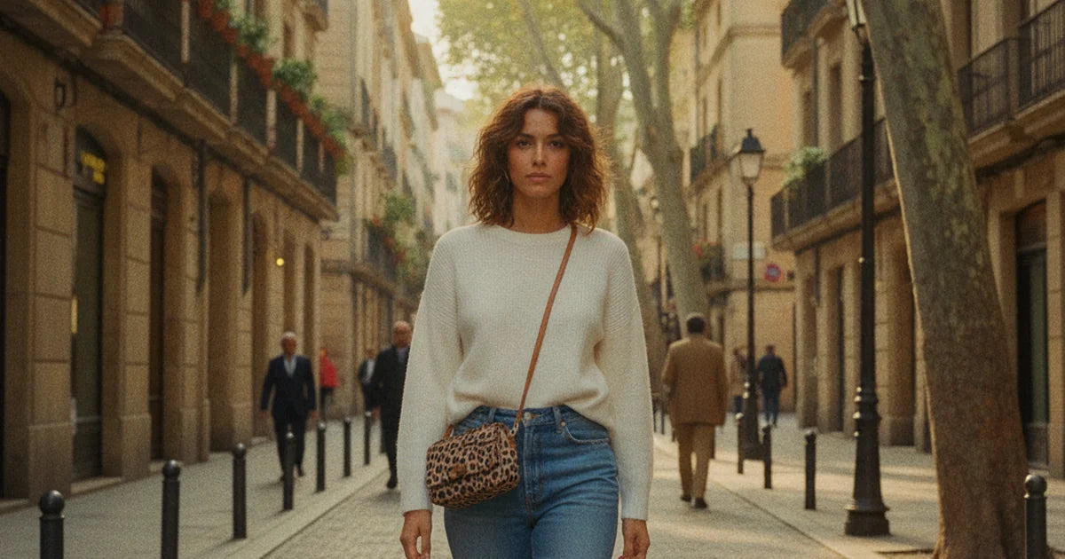 hero — jeune femme portant un petit sac matelassé imprimé léopard fauve en bandoulière en travers du buste, tenue jean et pull écru uni, rue urbaine ensoleillée, allure décontractée et affirmée du matin
