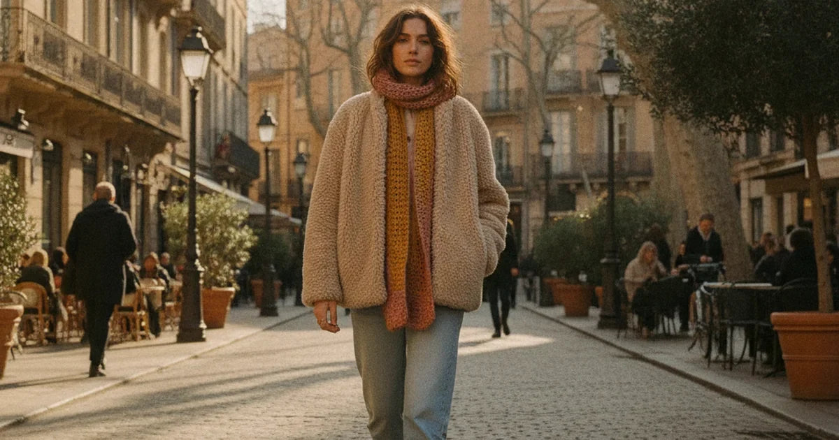 femme portant une veste moumoute beige et douce sur un jean, allure cosy et chic en extérieur hivernal, matière peluche enveloppante