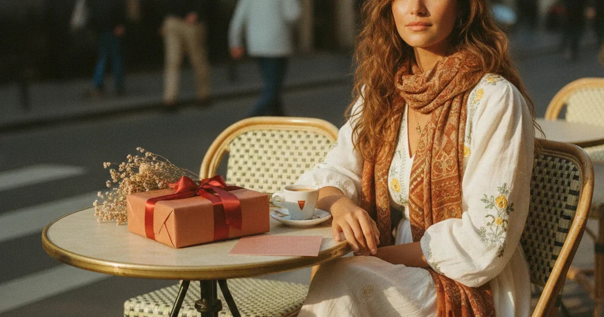 cadeau de Saint-Valentin joliment emballé avec un ruban rouge et une carte, posé sur une table claire à côté de fleurs, ambiance romantique et chaleureuse