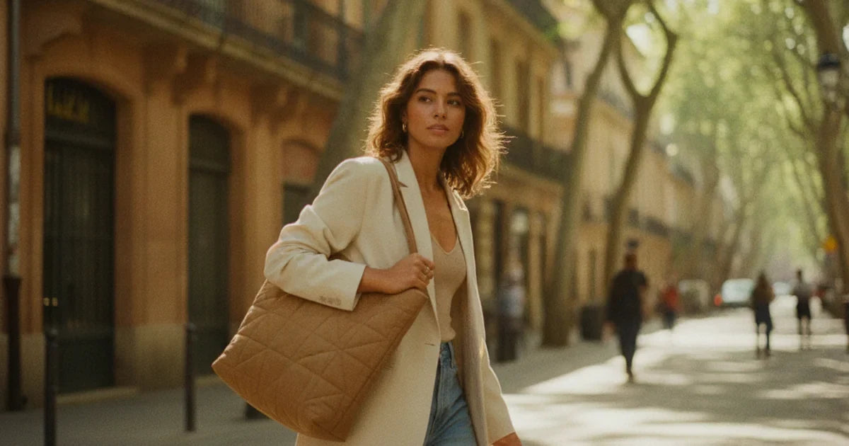 hero — femme active portant un grand sac à main cabas en toile matelassée camel à l'épaule, tenue jean et blazer écru, marchant d'un pas décidé dans une rue urbaine ensoleillée le matin