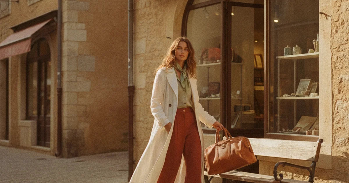 hero — femme élégante posant un beau sac de voyage en cuir cognac sur un banc de hall d'hôtel raffiné, tenue chic trench et pantalon fluide, lumière feutrée et dorée, ambiance voyage soignée