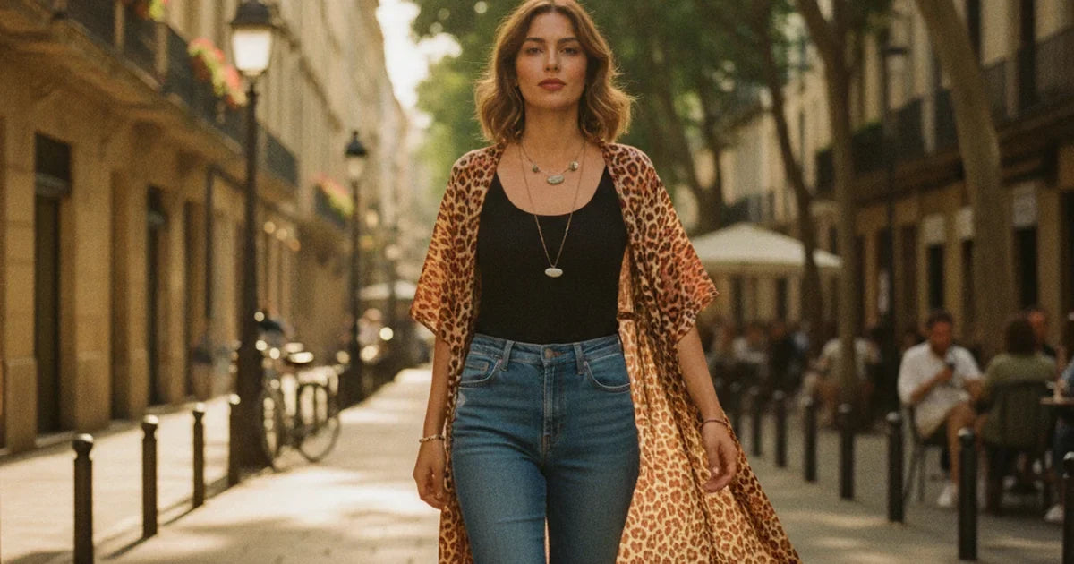 hero — femme élégante portant une veste kimono imprimée léopard fauve ouverte sur un top uni noir et un jean, dans une rue ensoleillée, allure chic et décontractée du matin, mouvement du vêtement