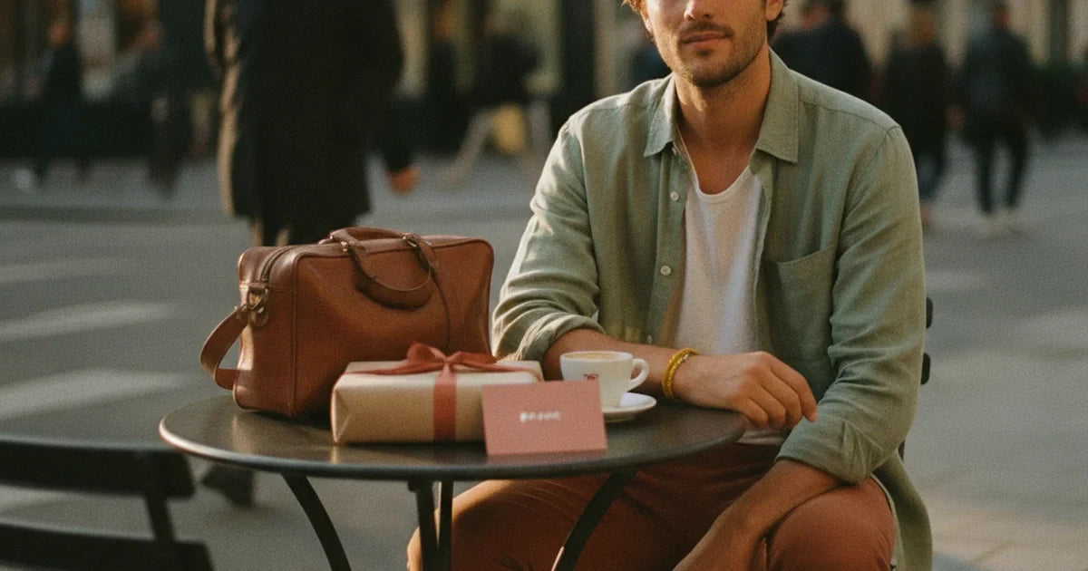 cadeau pour papa emballé sobrement avec un ruban et une carte, posé sur une table en bois foncé à côté d'un sac de voyage, ambiance masculine et chaleureuse