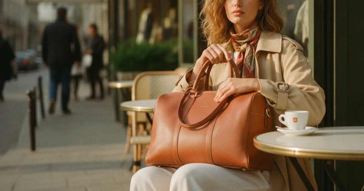 hero — femme élégante tenant un sac de voyage week-end en cuir cognac sur un quai de gare ensoleillé, tenue chic pantalon fluide et trench beige, allure de départ soignée et lumineuse du matin