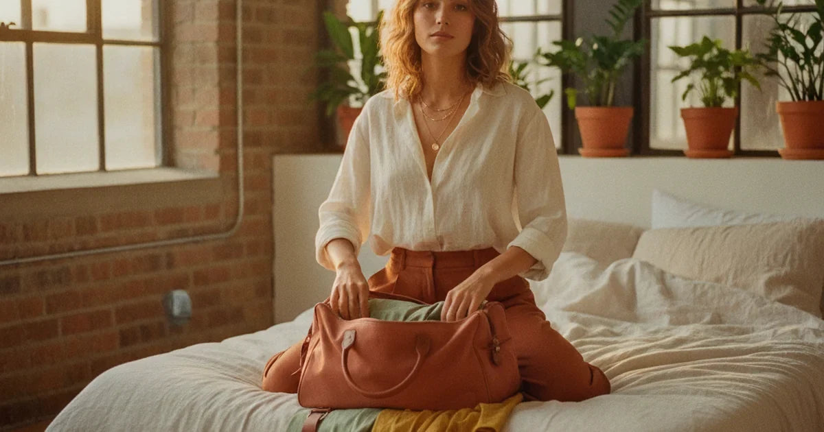 hero — jeune femme dépliant un sac de voyage souple léger sur un lit clair dans une chambre lumineuse, le sac à moitié déployé, tenue voyage décontractée, ambiance préparation de départ nette et fraîche