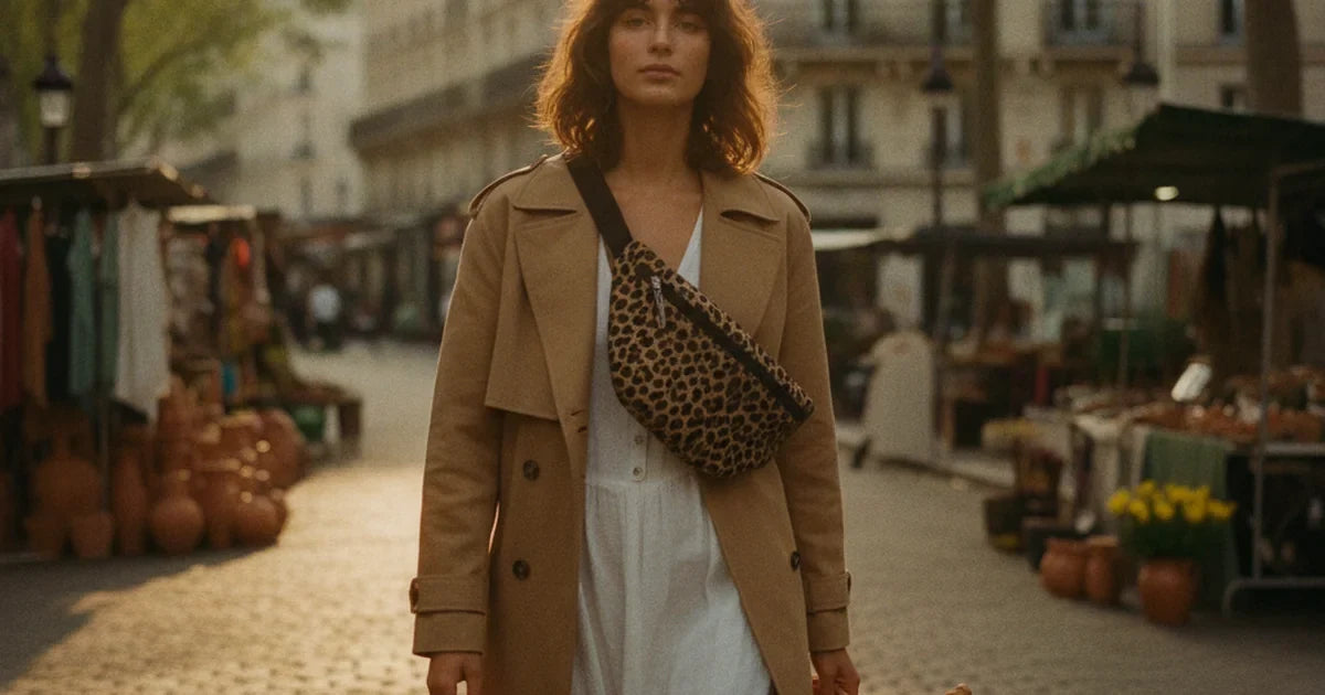 femme en trench camel portant une grande banane matelassée léopard en bandoulière en travers du buste, marché en plein air lumineux