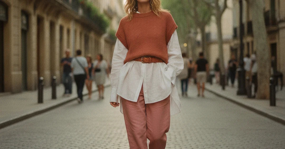 femme portant un pull sans manche sur une chemise, allure décontractée en extérieur lumineux, superposition élégante de mi-saison