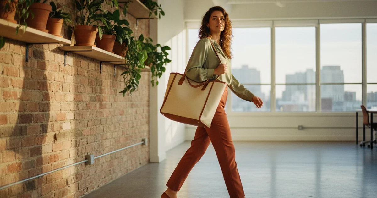 pochette ordinateur — jeune femme en pull crème ouvrant une pochette ordinateur matelassée motif léopard sur un bureau en bois clair, avec un MacBook 13 pouces sortant à moitié de la pochette, à côté un café et un carnet noir