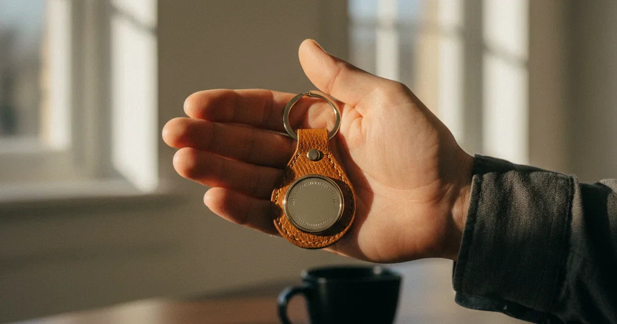 porte-clé homme — gros plan sur une main masculine tenant un porte-clé en cuir grainé camel avec médaillon métal gravé