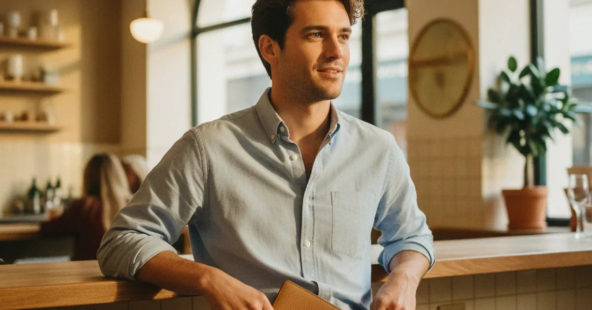 portefeuille homme — jeune homme en chemise oxford bleue assis au comptoir d'un café parisien sortant un portefeuille en cuir camel grainé d'une poche arrière de jean