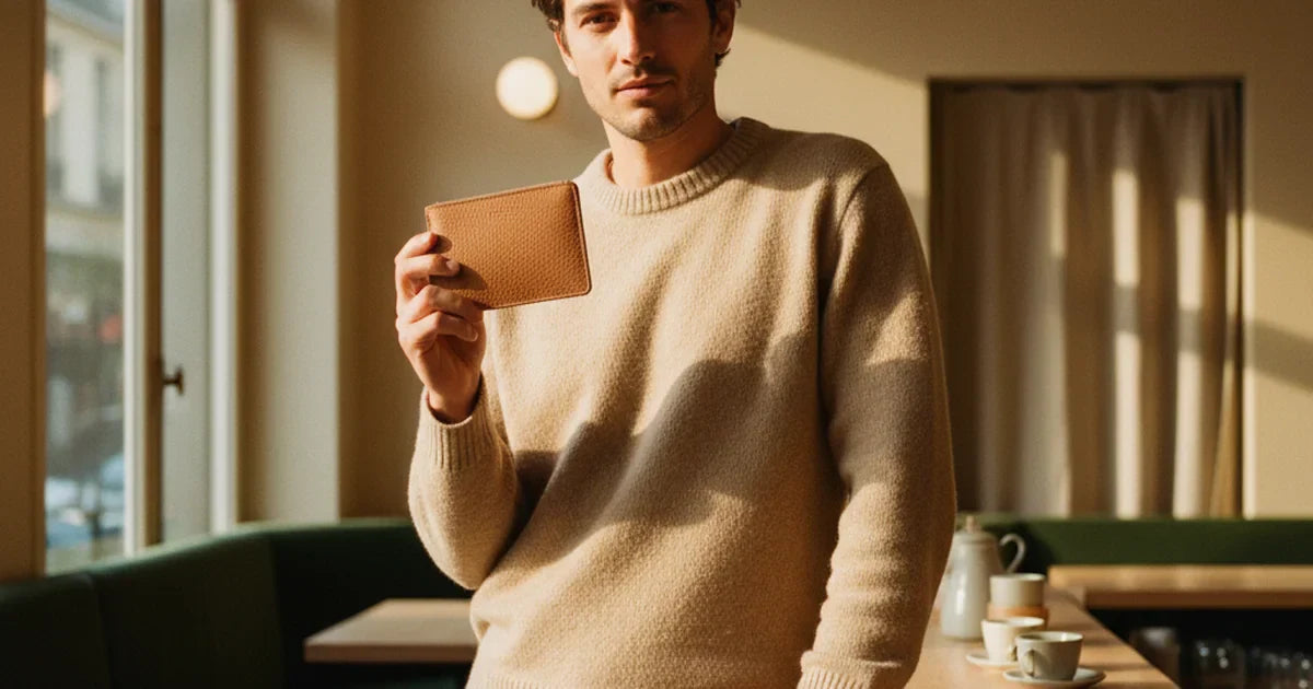 porte-monnaie homme — jeune homme en pull beige tenant un mini porte-monnaie en cuir camel grainé devant un comptoir en bois de café parisien
