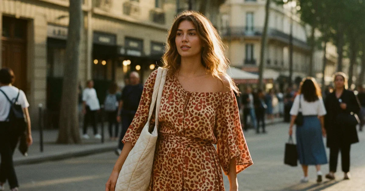 robe courte femme — jeune femme aux cheveux longs portant une robe courte à épaules dénudées motif léopard