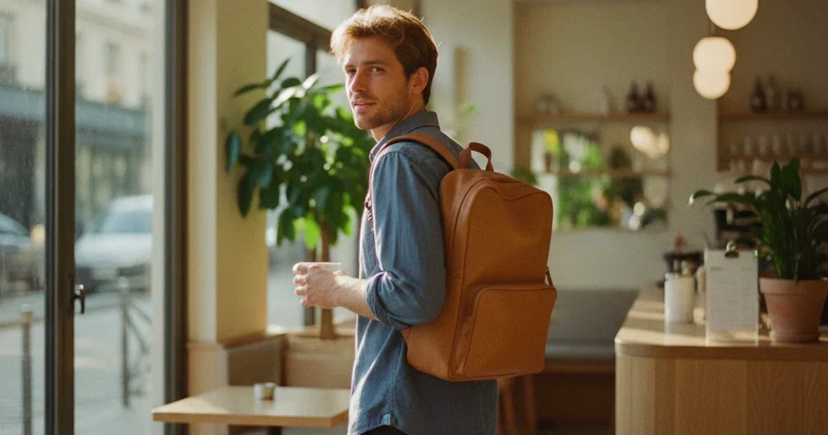 sac à dos homme — jeune homme en chemise oxford bleue portant un sac à dos en cuir grainé camel
