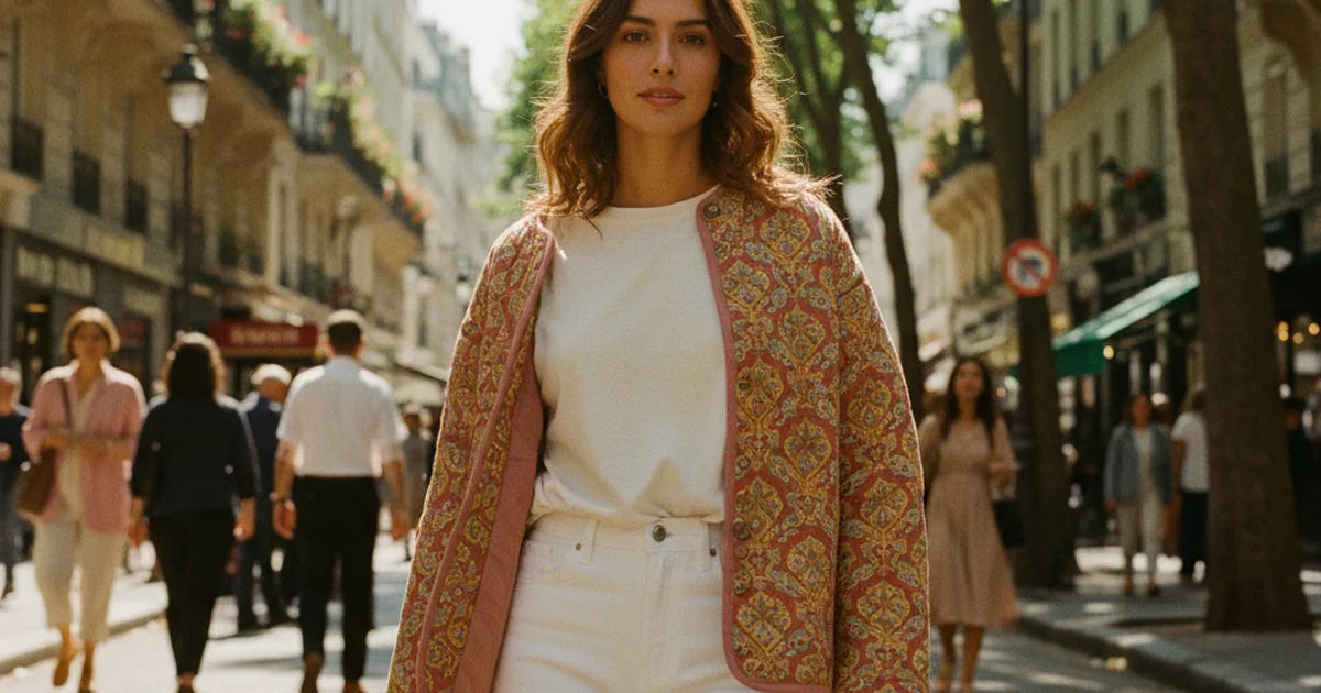 veste courte femme — jeune femme en jean blanc et tee-shirt crème portant une veste matelassée réversible motif marie sur les épaules, dans une rue parisienne ensoleillée