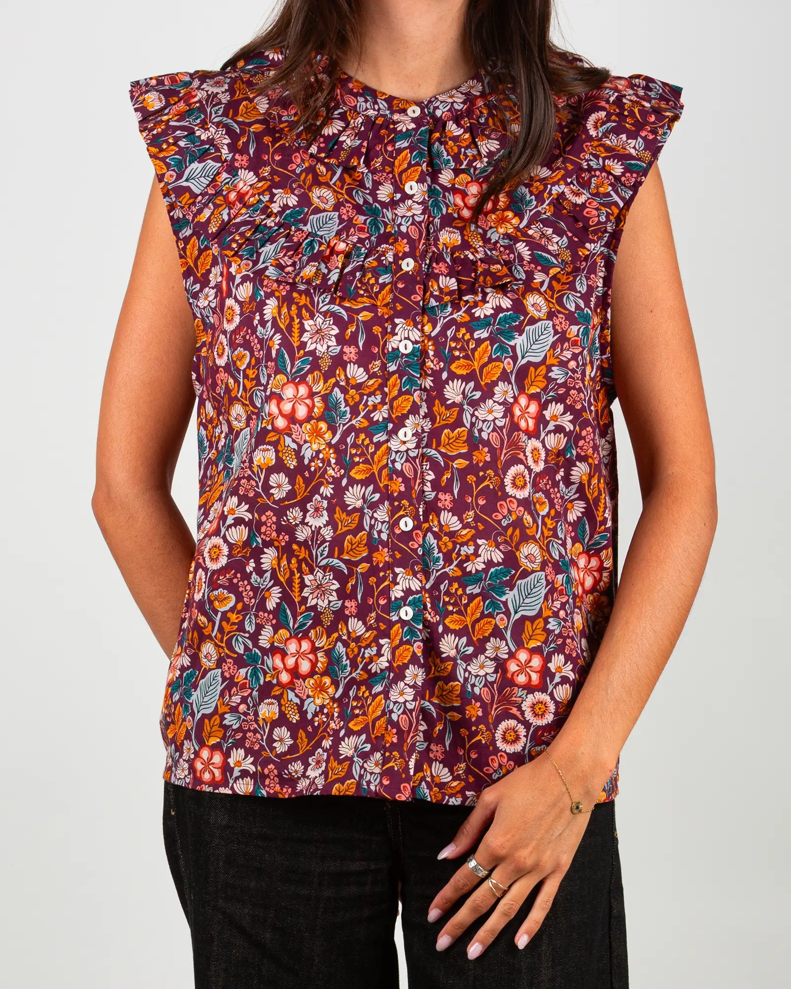 Blusa donna senza maniche con volant Morris