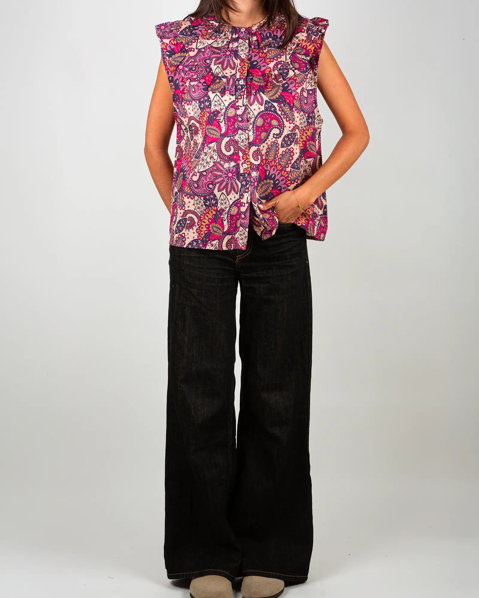 Blusa donna senza maniche con volant Pow