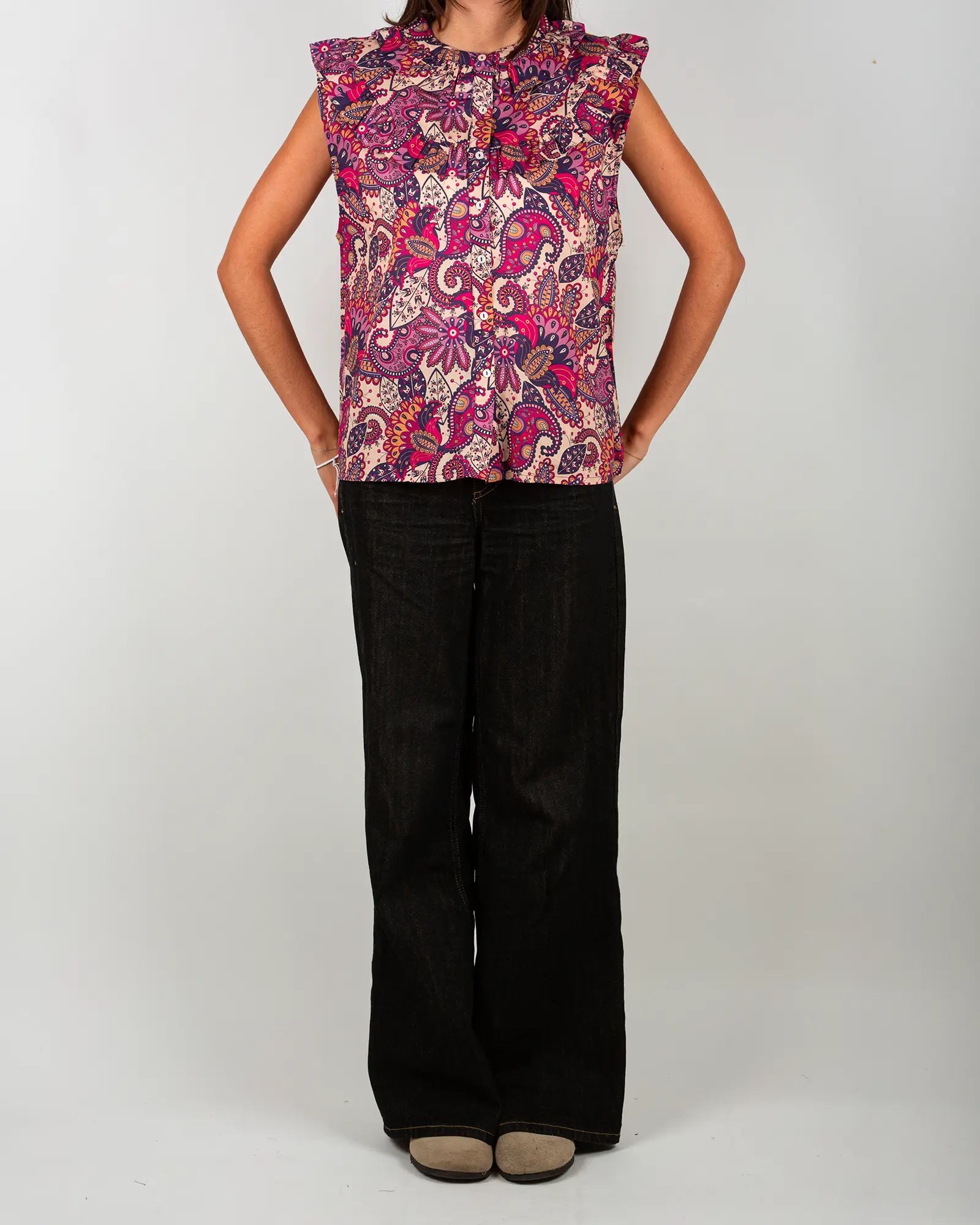 Blusa donna senza maniche con volant Pow