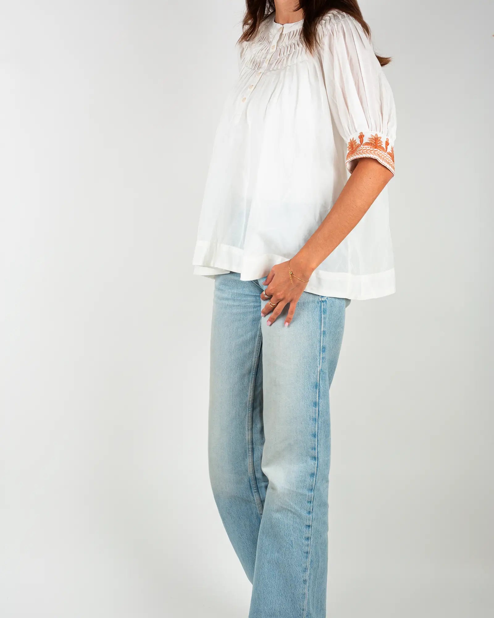 Blusa donna in voile di cotone ricamato Bianco e Arancione