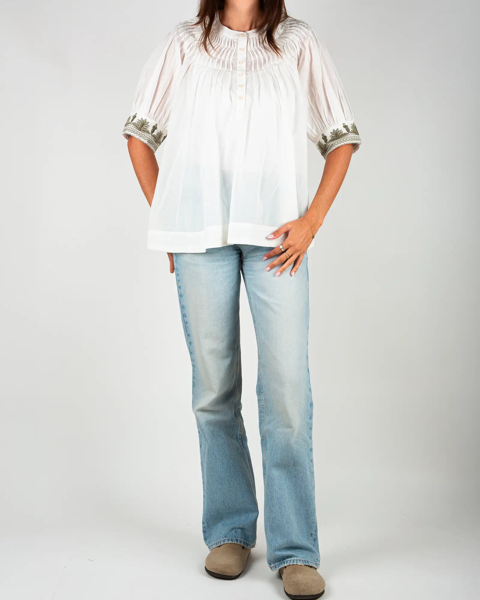 Blusa donna in voile di cotone ricamato Bianco e Verde