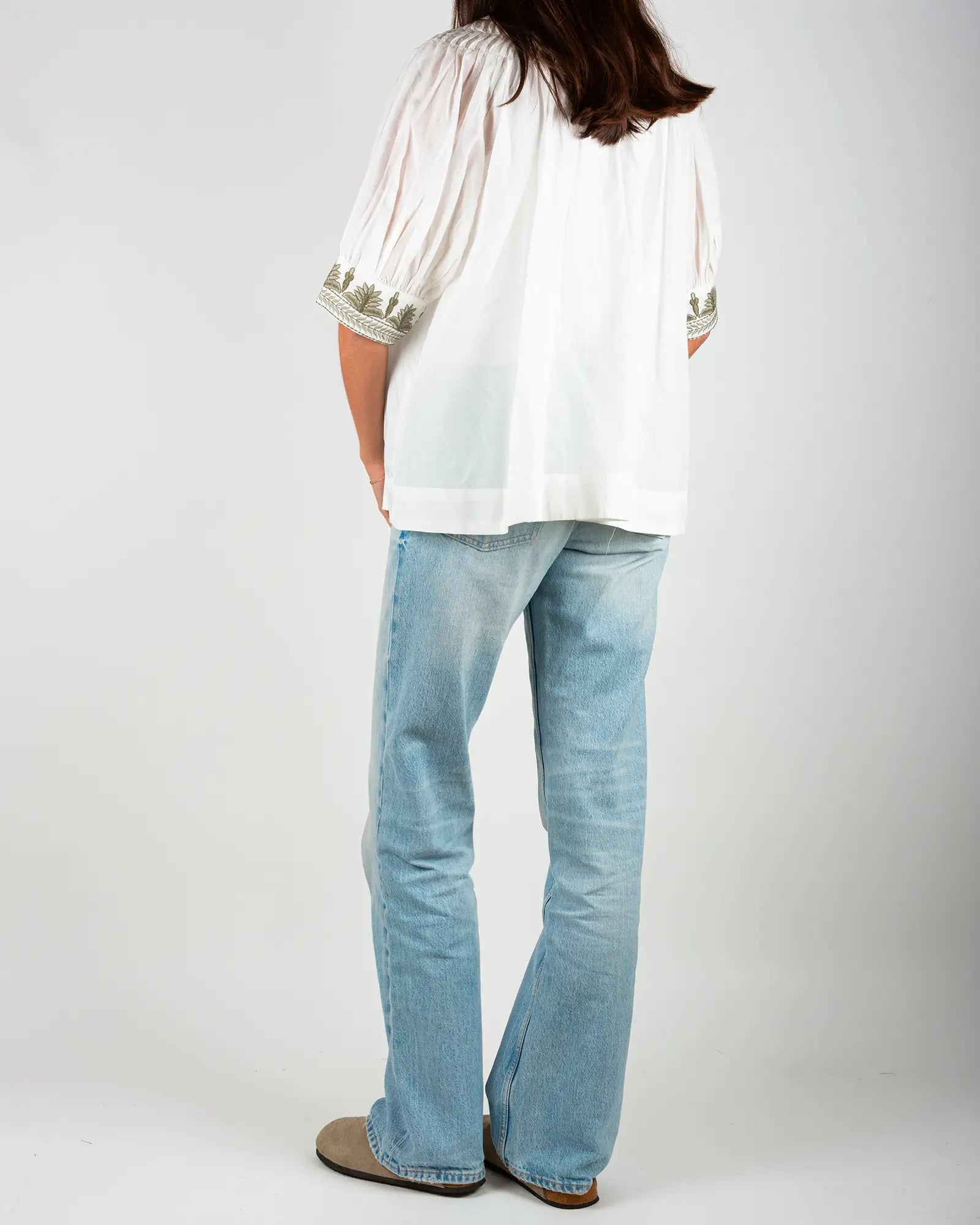 Blusa donna in voile di cotone ricamato Bianco e Verde