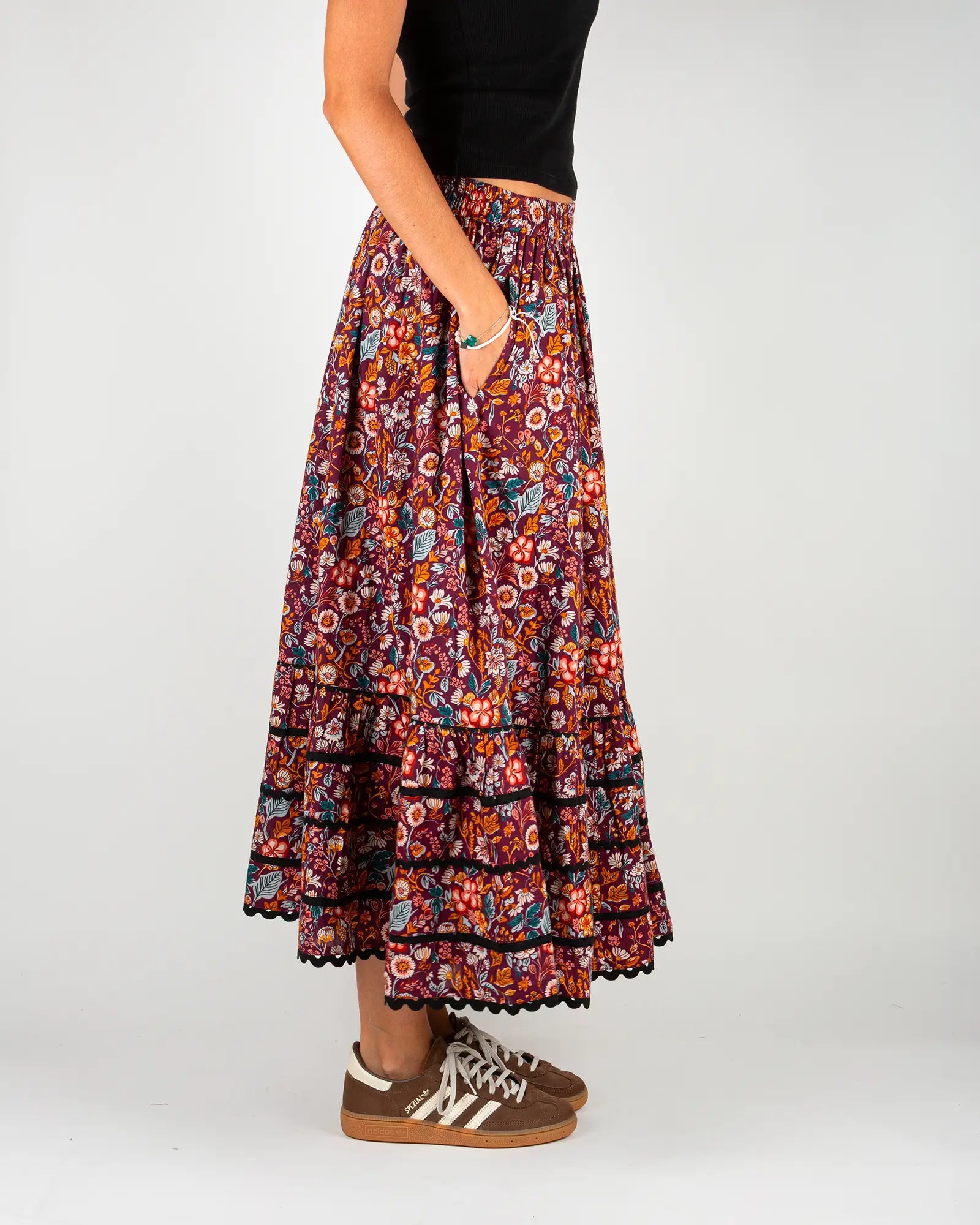 Jupe longue femme fluide Morris, vue de profil – Bokabas