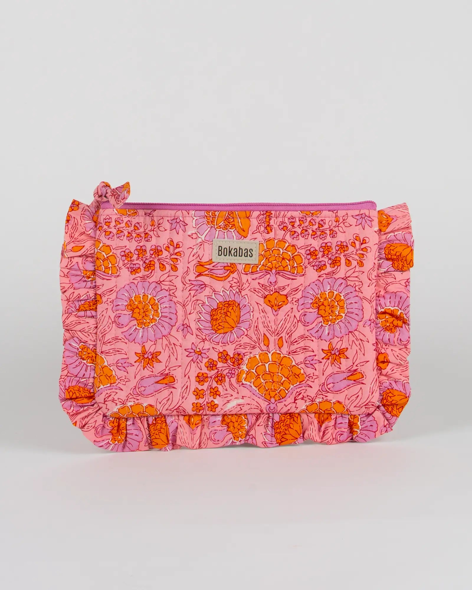 Pochette matelassée à froufrous Bokabas, imprimé Marie rose fleuri, vue de face