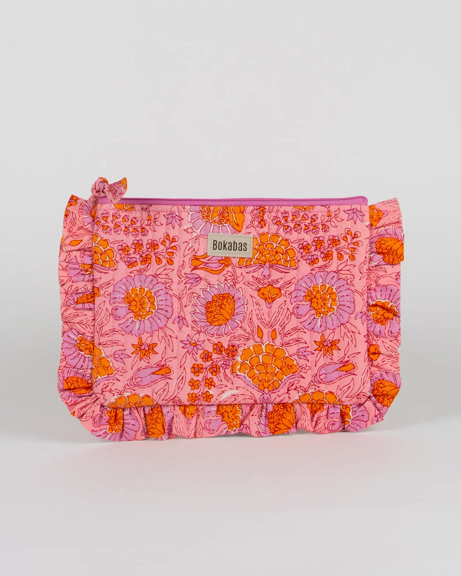 Pochette matelassée à froufrous Bokabas, imprimé Marie rose fleuri, vue de face