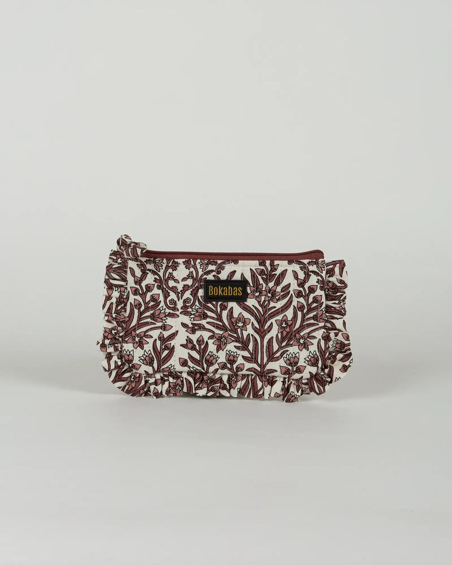 Pochette matelassée à froufrous Bokabas, imprimé Vale fleuri marron et blanc, vue de face
