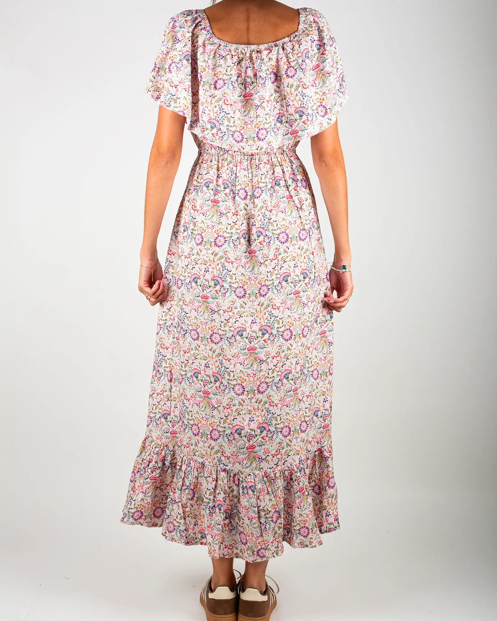 Robe épaules dénudées femme Bokabas, imprimé fleuri blanc et rose Febre, vue de face