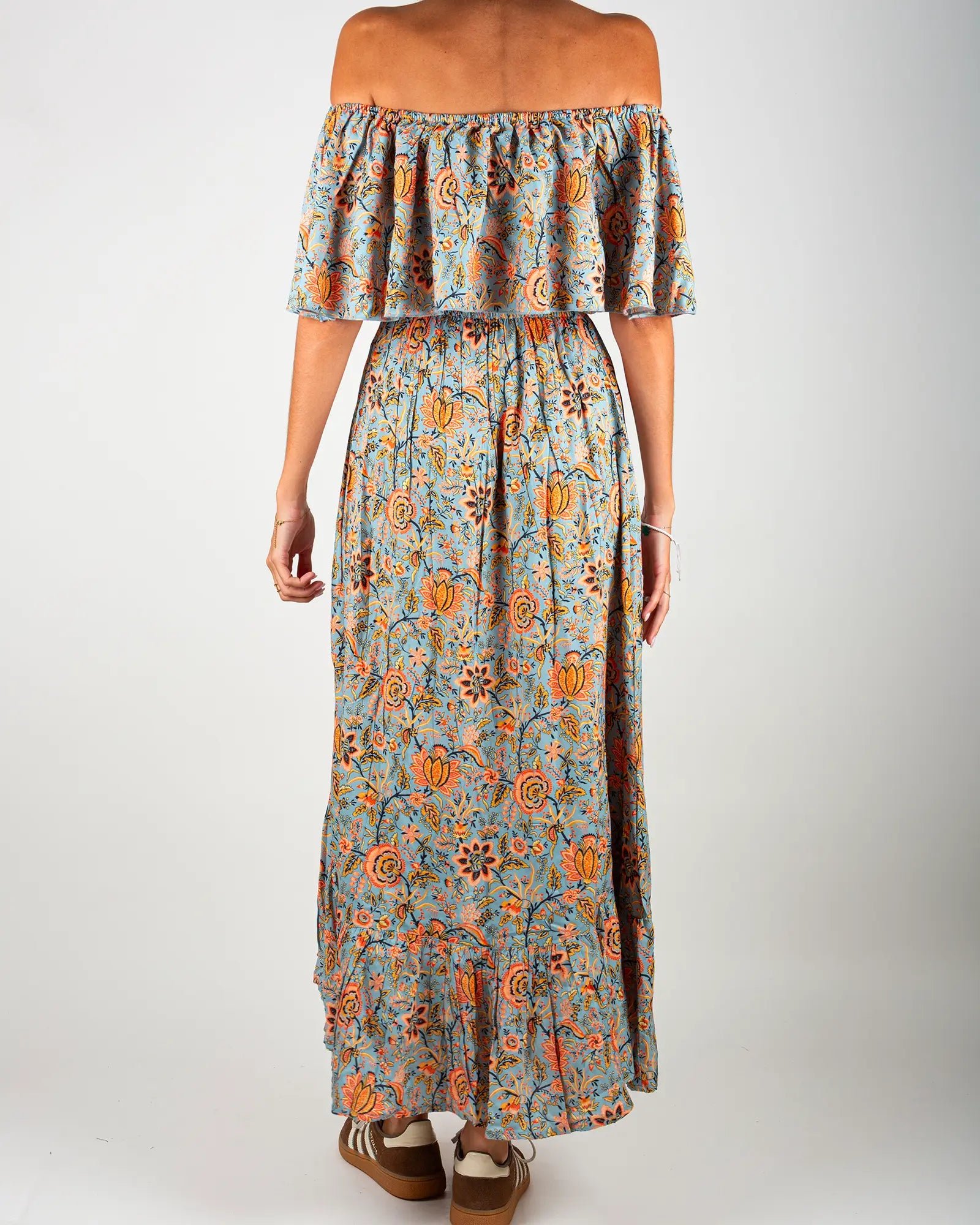 Robe épaules dénudées femme Bokabas, imprimé fleuri bleu et rose Lolem, vue de dos