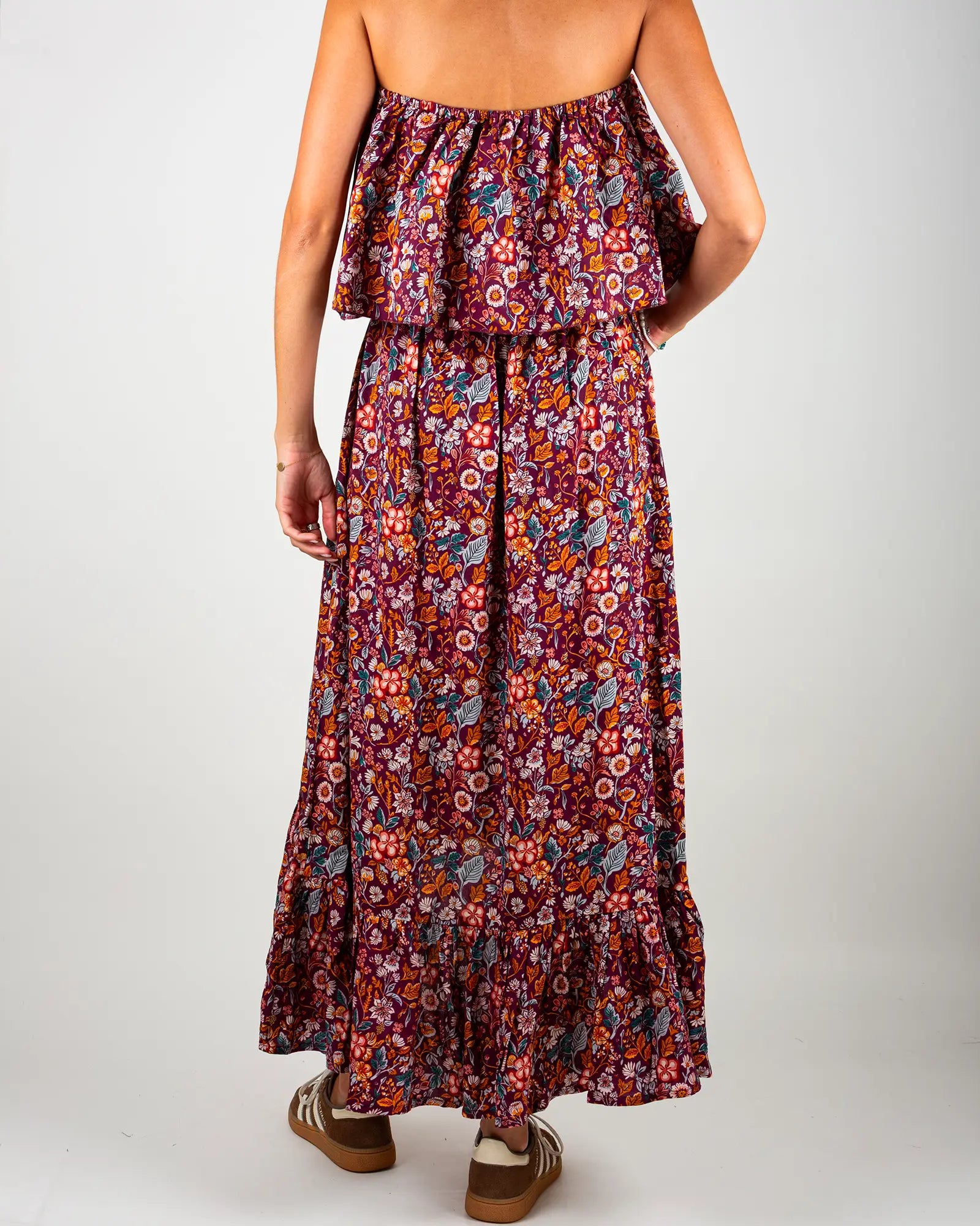 Robe épaules dénudées femme Bokabas, imprimé fleuri violet Morris, vue de dos