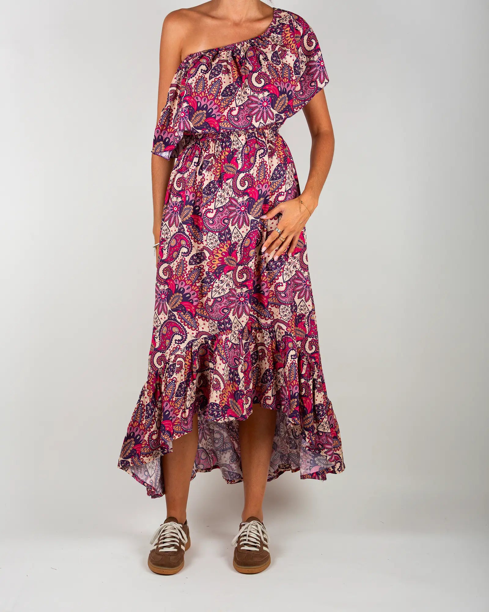 Robe épaules dénudées femme Bokabas, imprimé Pow rose et beige, vue de face