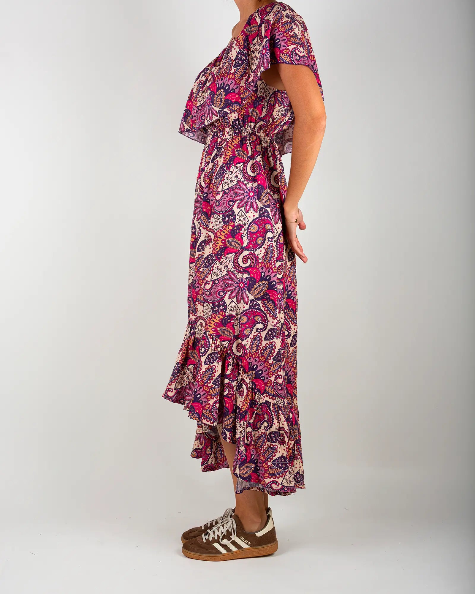 Robe épaules dénudées femme Bokabas, imprimé Pow rose et beige, vue de profil