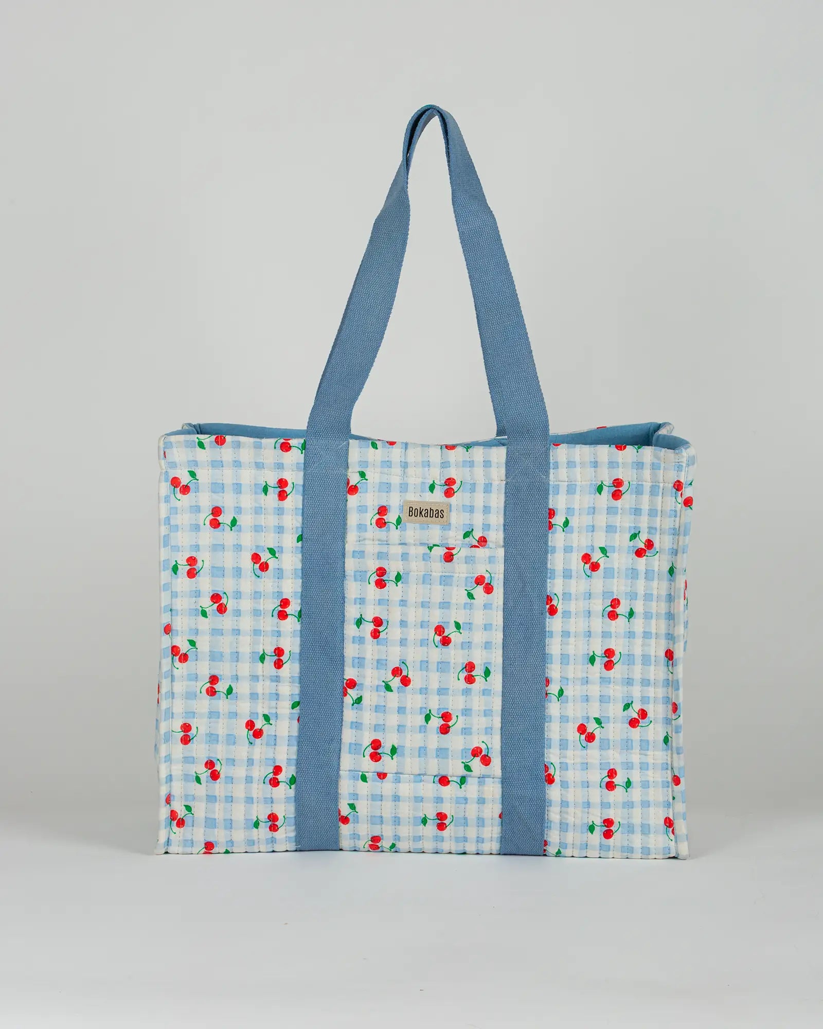 Sac cabas en tissu matelassé Bokabas, imprimé Cerise vichy bleu, vue de face