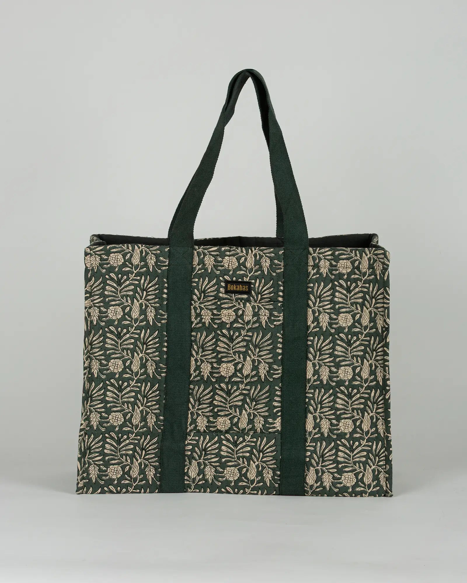 Sac cabas en tissu matelassé Bokabas, imprimé Dema vert kaki, vue de face