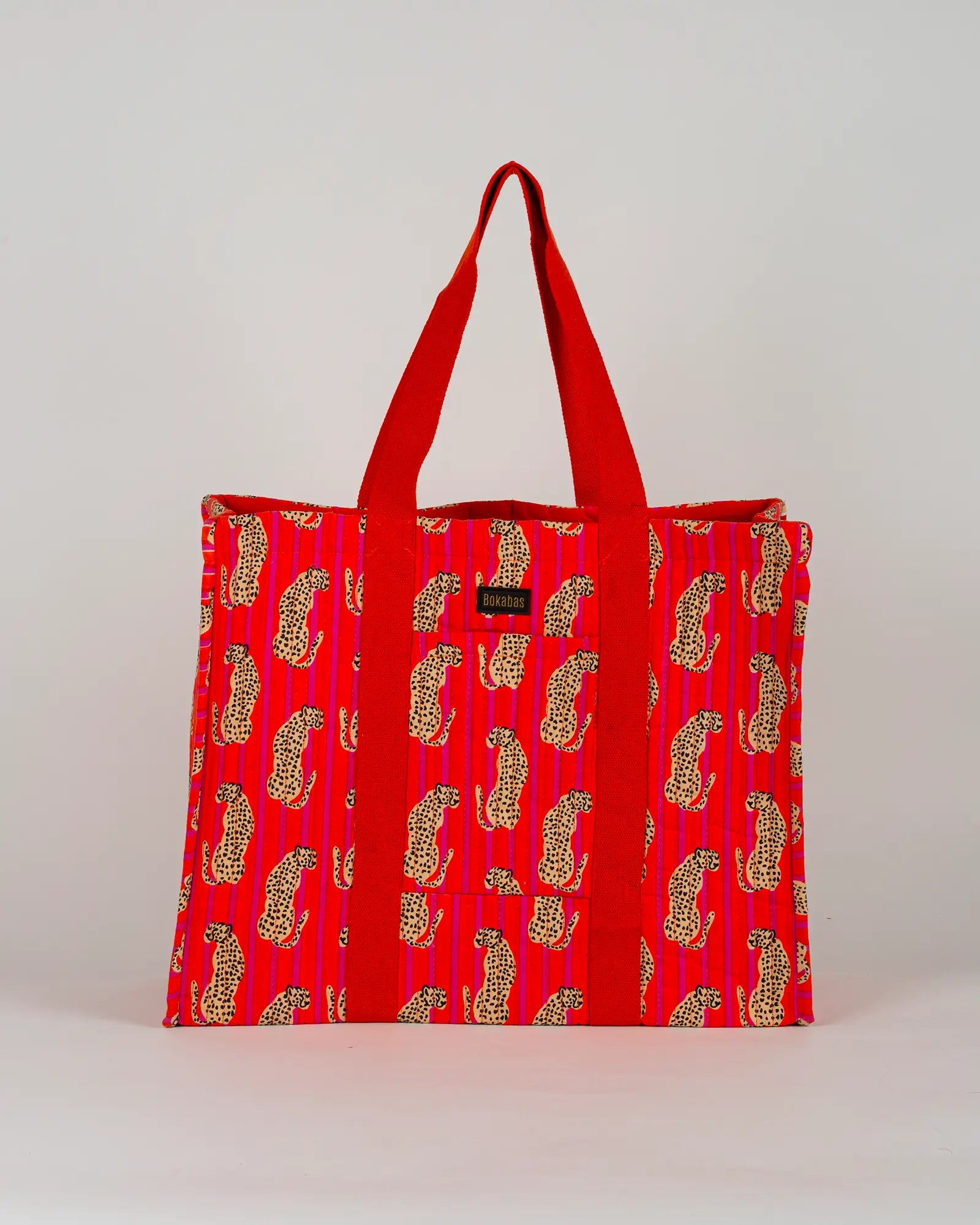 Sac cabas en tissu matelassé Bokabas, imprimé Guépard rayé orange et rose, vue de face